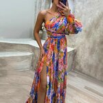 Robe-maxi-pliss-e-imprim-floral-avec-ourlet-fendu-sur-le-c-t-robe-manches-simples