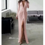 Robe-pliss-e-l-gante-col-en-V-pour-femmes-manches-longues-design-torsad-mince-monochromatique