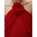 Robe-de-Soir-e-Rouge-pour-Femme-Tenue-de-Styliste-Longueur-Rinc-e-Col-Licou-Appliques