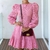 Robe-trap-ze-manches-longues-pour-femmes-l-gante-ajour-e-Vintage-rose-uni-Mini-moulante
