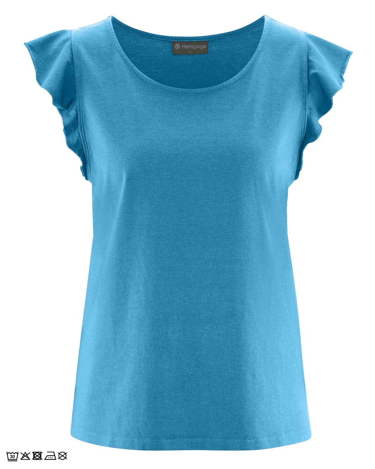 Tee-shirt-Femme-Manche-Volant-Bleu