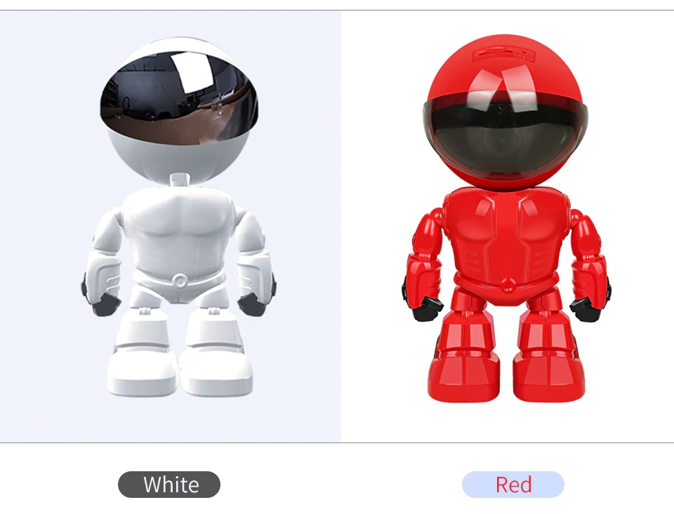 Robot con cámara espía mostrado en blanco y rojo