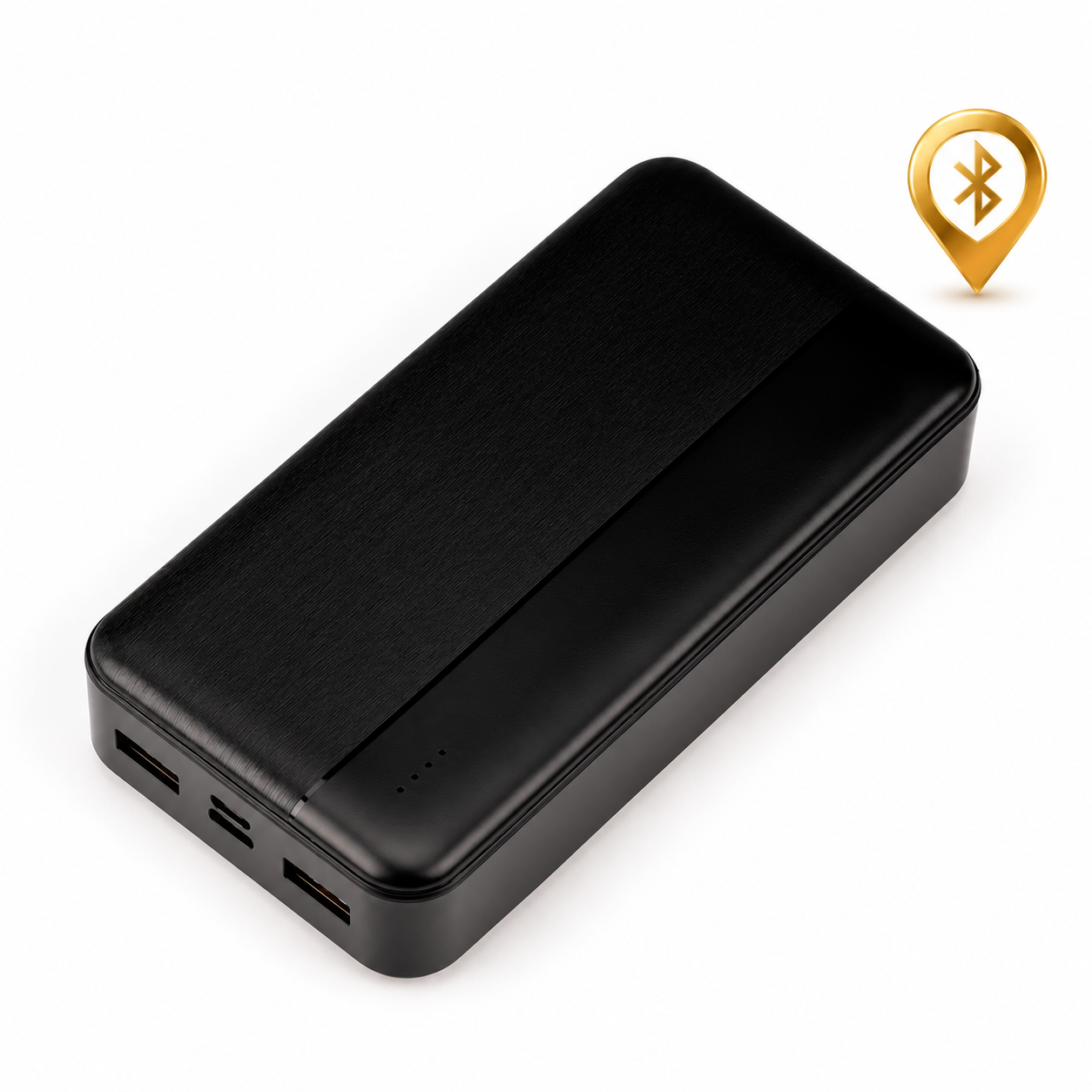 Batería externa negra con localizador Bluetooth oculto sobre fondo blanco e icono dorado