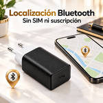 Cargador localizador Bluetooth junto a un móvil con mapa, sin SIM ni suscripción