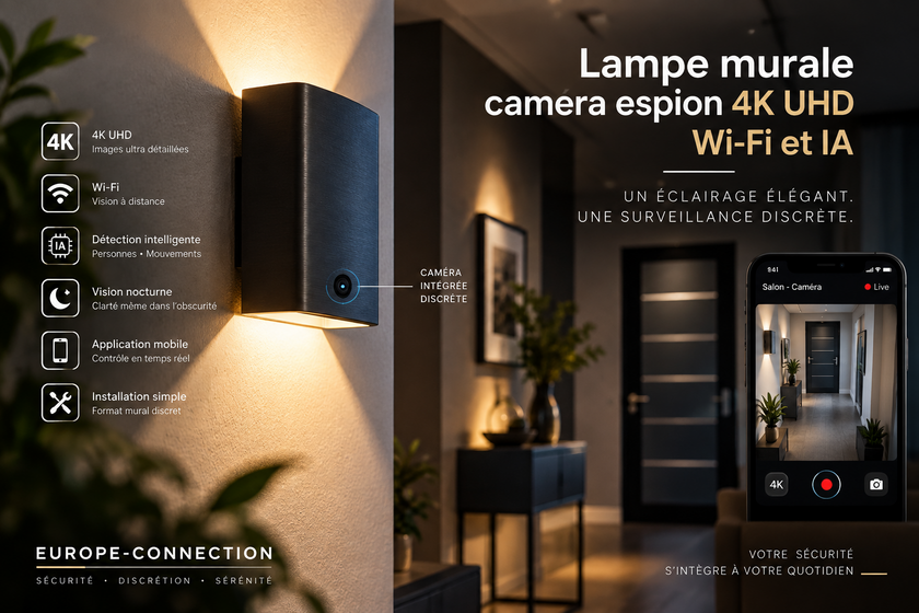 Cámara espía 4K Wi‑Fi en aplique LED magnético: vigilancia discreta de pared — ilustración del dossier