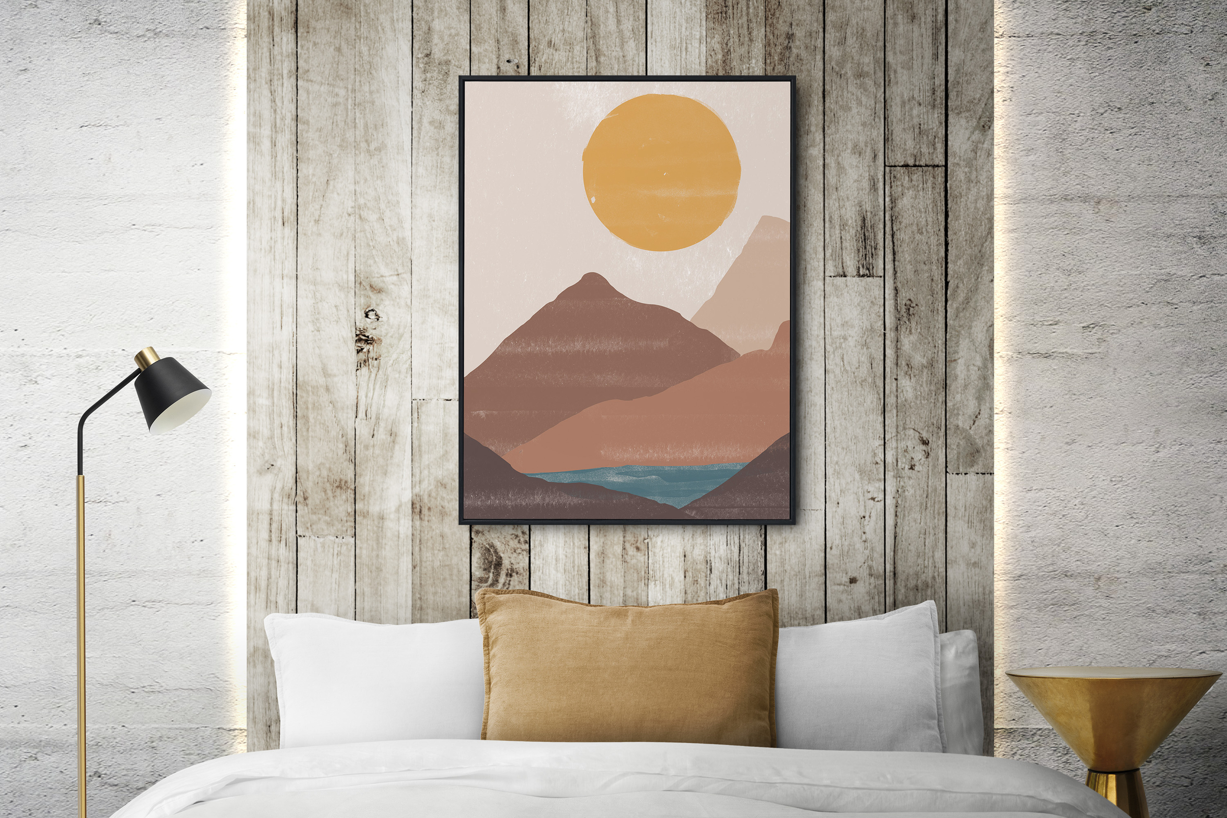 poster-paysage-minimaliste-déco-murale-chambre-couleurs-nature-montagne-soleil-mer