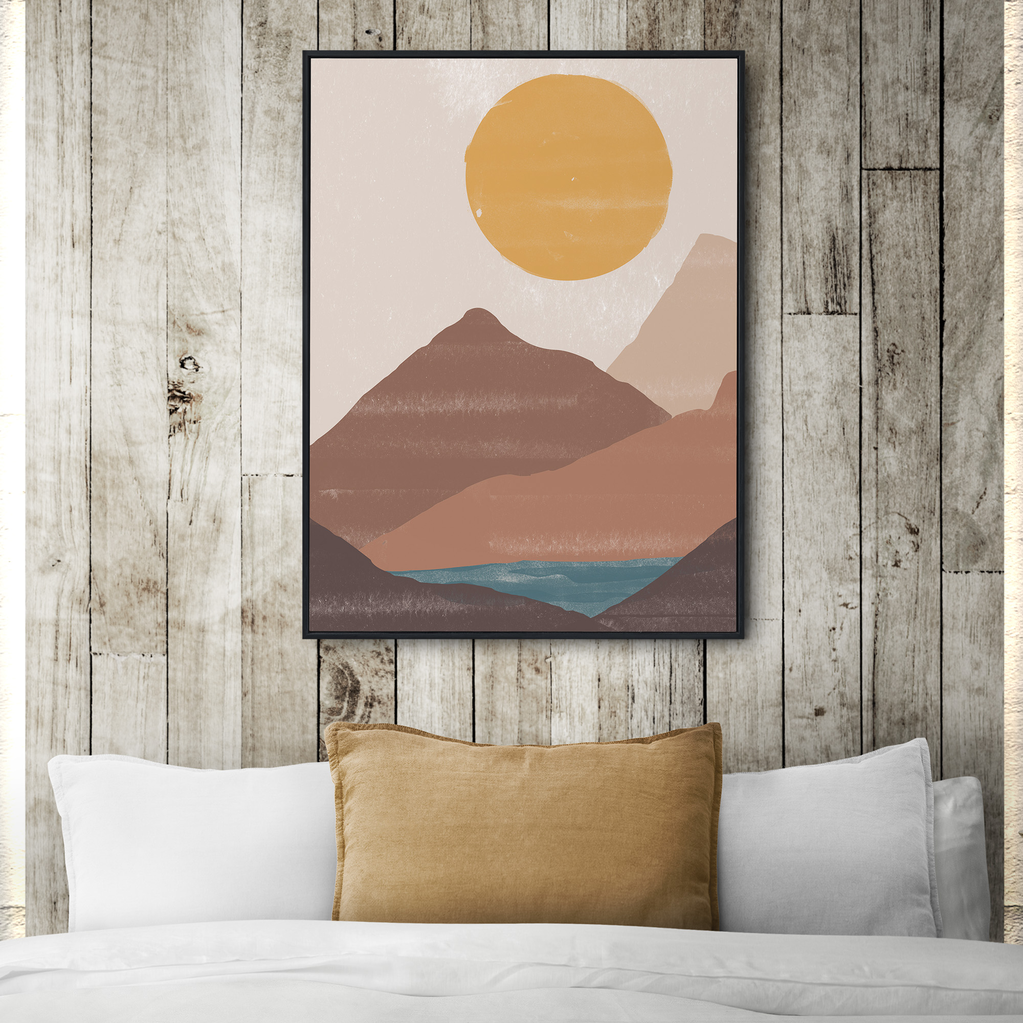 poster-paysage-minimaliste-déco-murale-chambre-couleurs-nature-montagne-soleil-mer