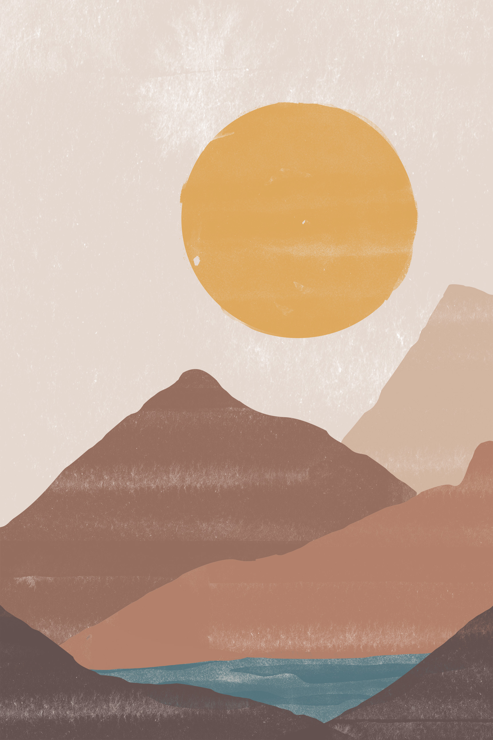 Affiche paysage minimaliste montagne mer soleil - Poster décoration murale moderne colorée
