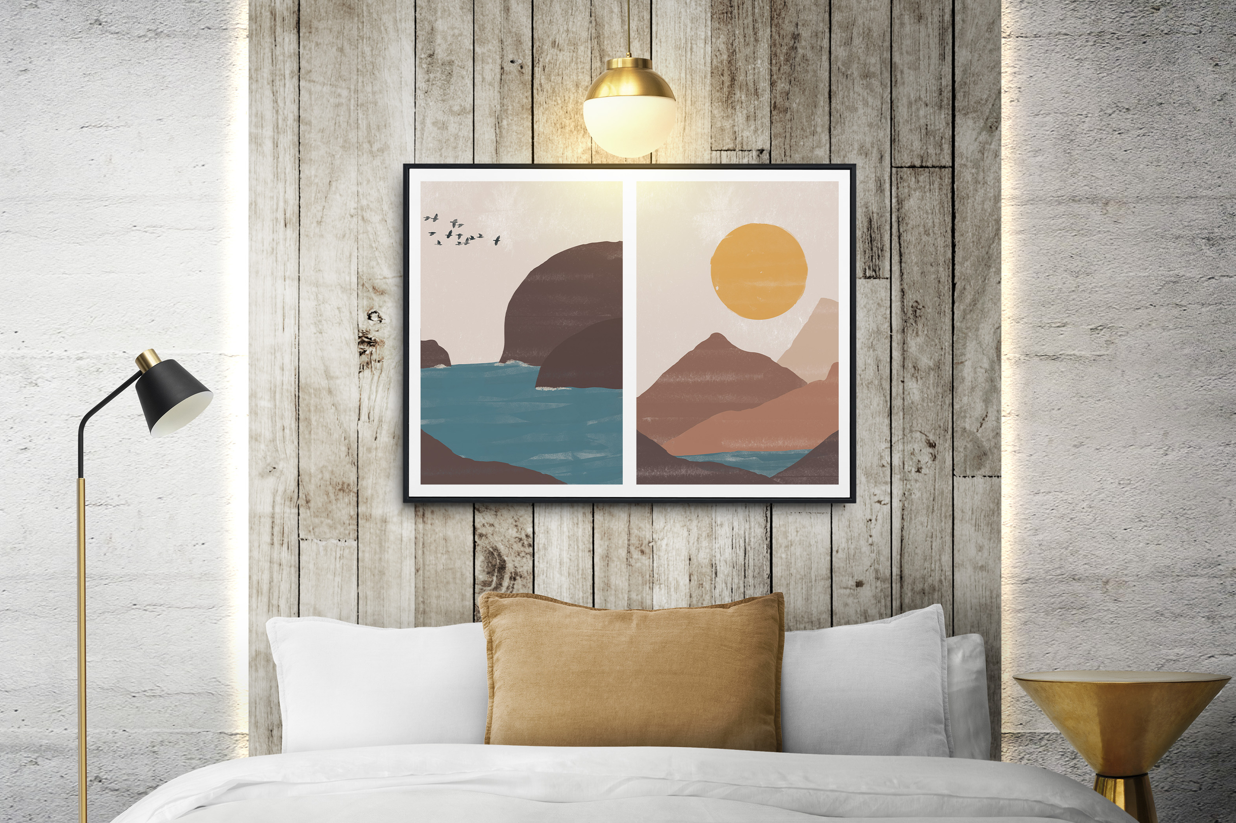 poster-paysage-minimaliste-déco-murale-chambre-couleurs-nature-montagne-mer-oiseaux