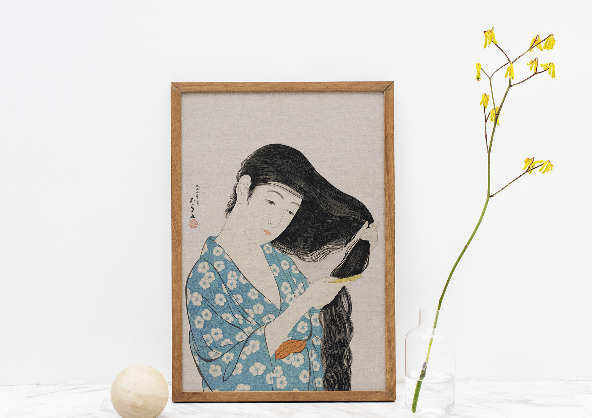 Femme japonaise peignant ses cheveux - Affiche art déco vintage