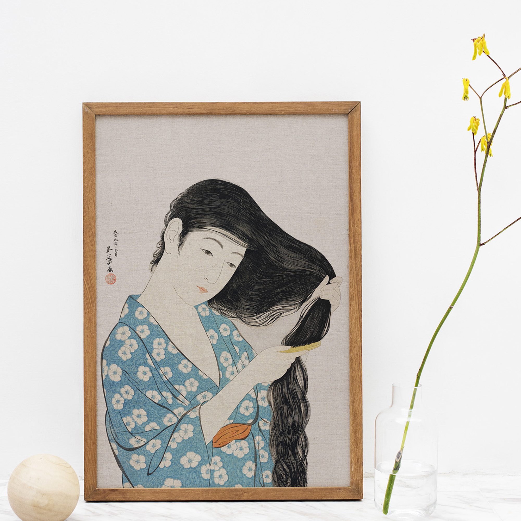 Femme japonaise peignant ses cheveux - Affiche déco salle de bain