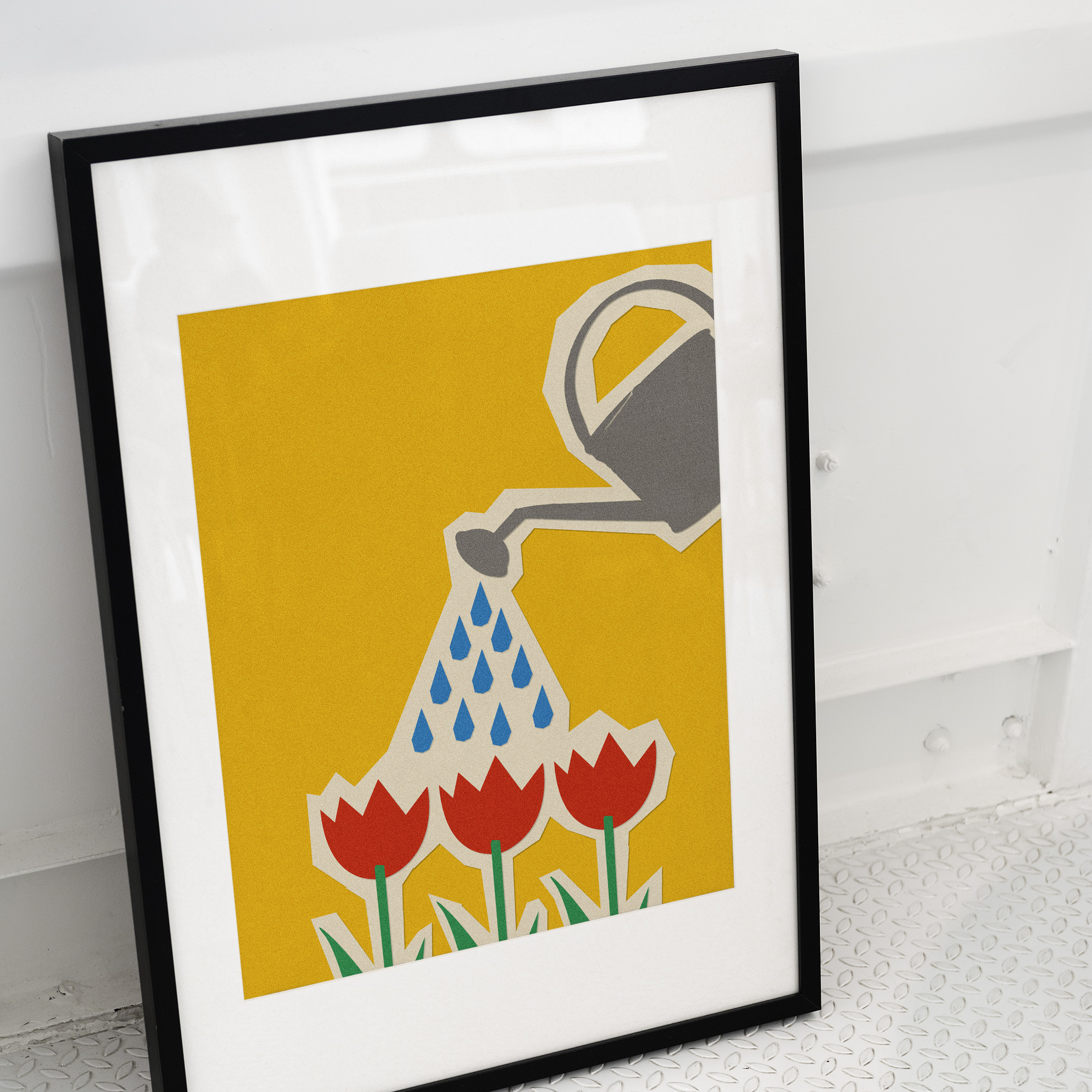 Arrosoir et Tulipes - Poster mural minimaliste collage coloré