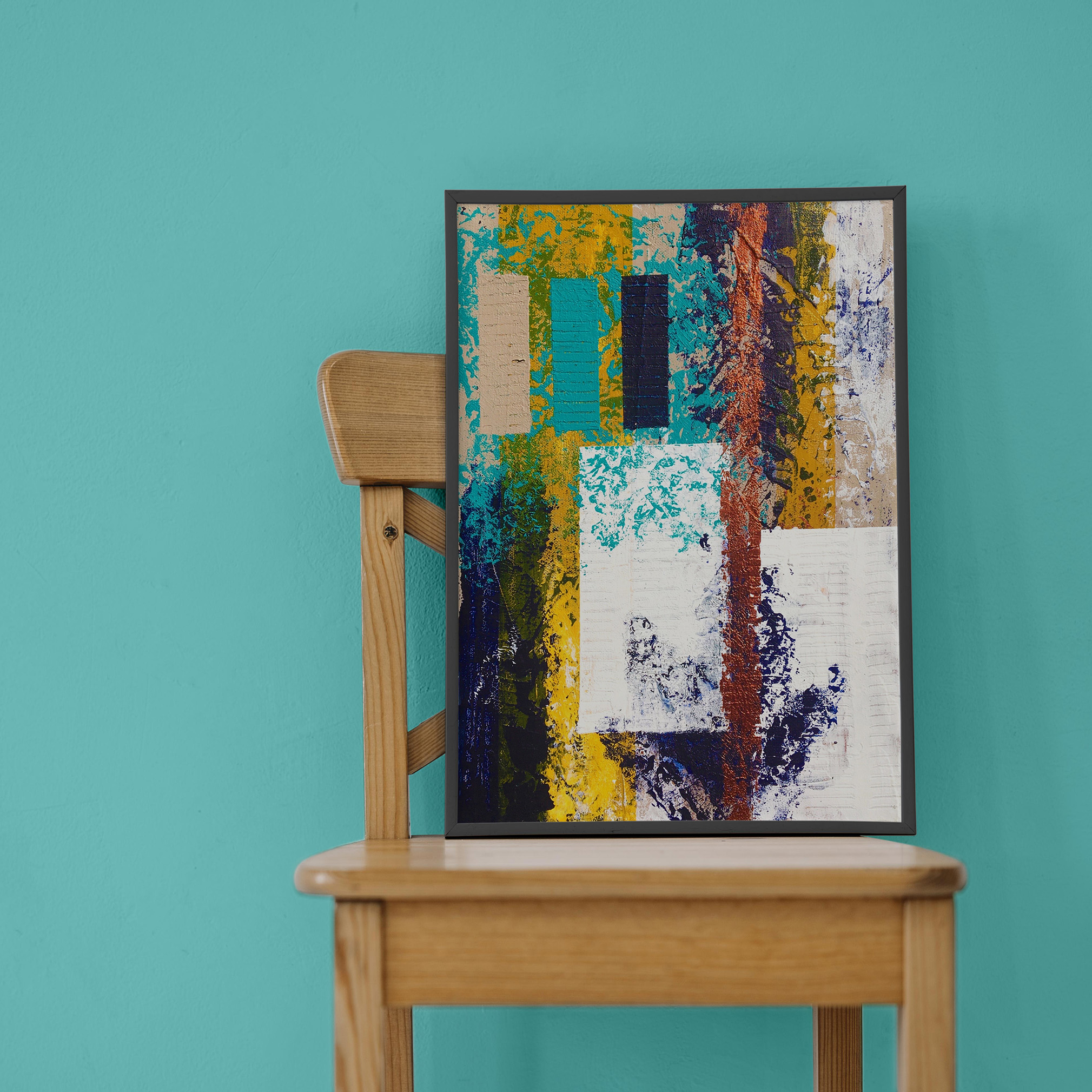 Tableau abstrait fait main turquoise, Peinture sur toile pour décoration murale salon tendance