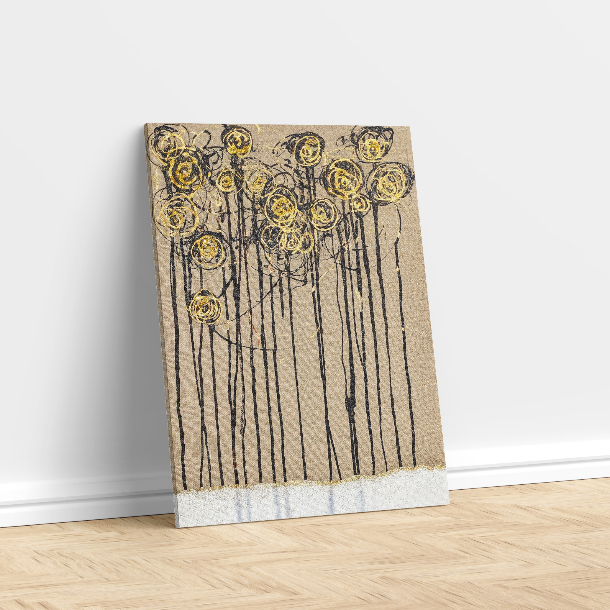 Arobaz - Tableau fleurs abstraites noir et or, Peinture sur toile originale fait main