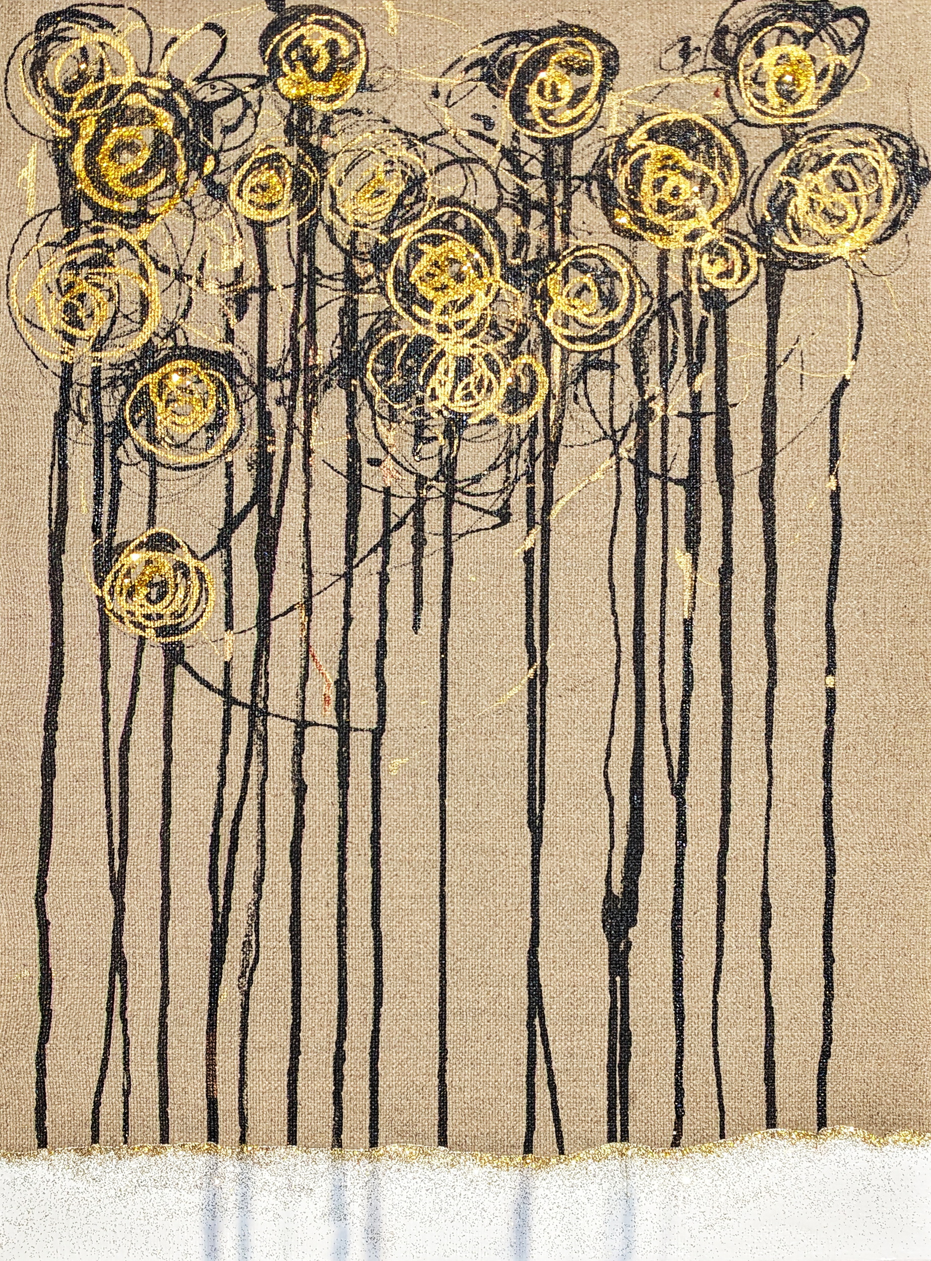 tableau-abstrait-fleurs-peinture-toile-artiste-noir-or-fait-main