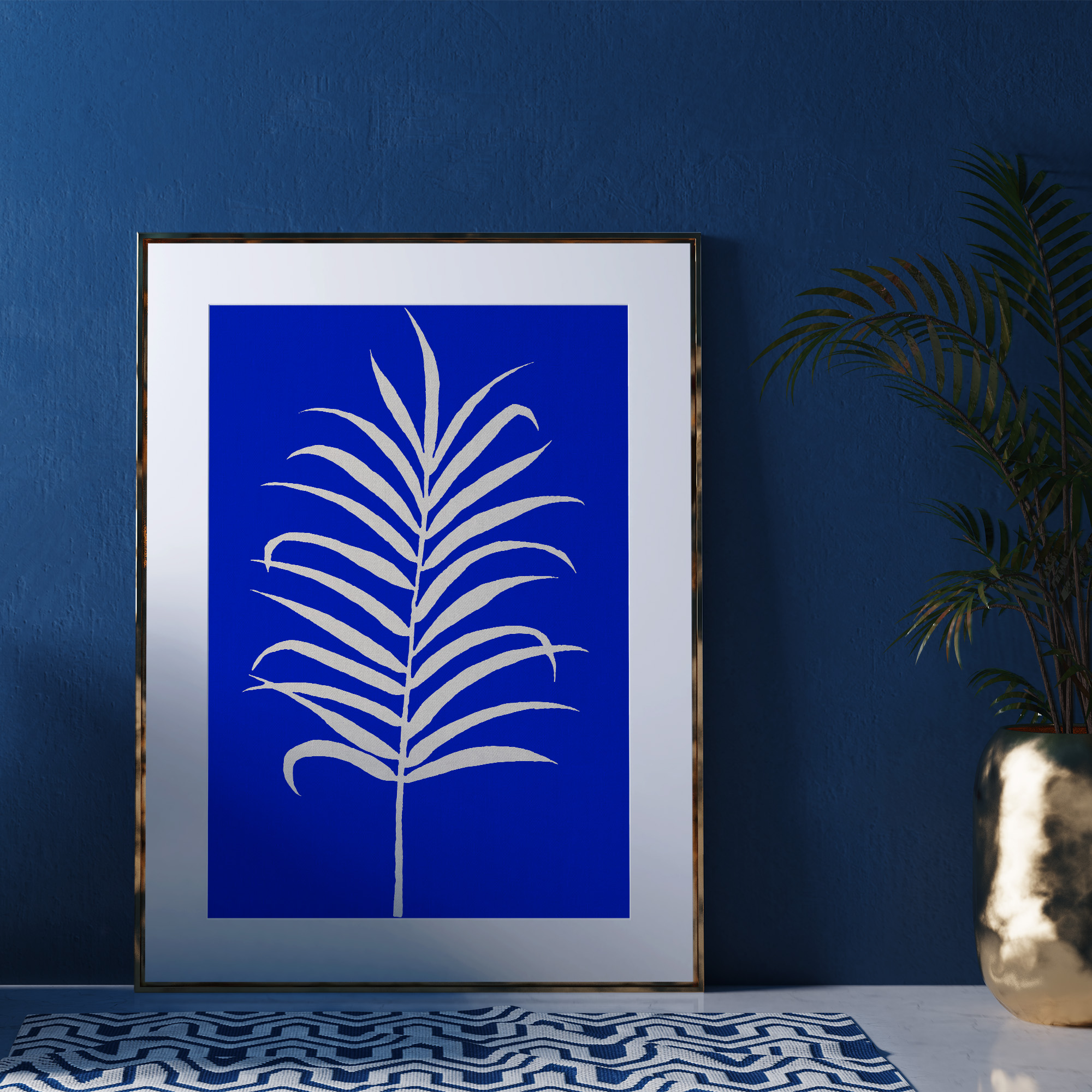 Affiche déco murale vegetale herbier feuille bleu