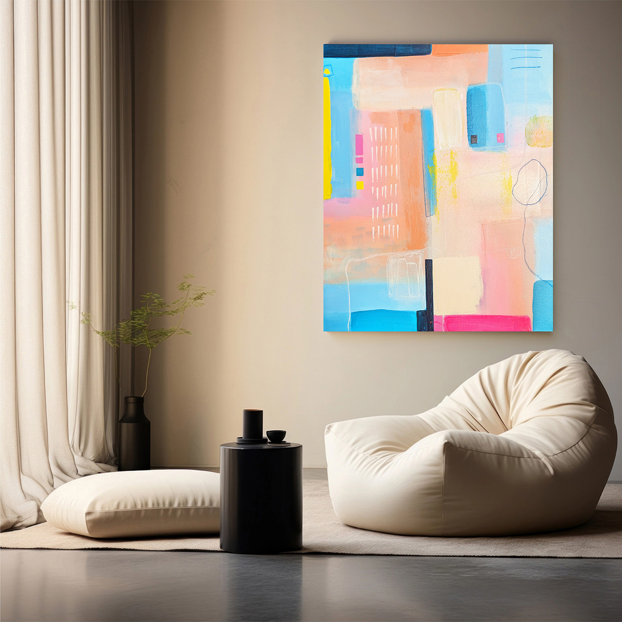 Aquamarine - Peinture abstraite moderne bleu, Tableau fait main pour décoration murale pastel