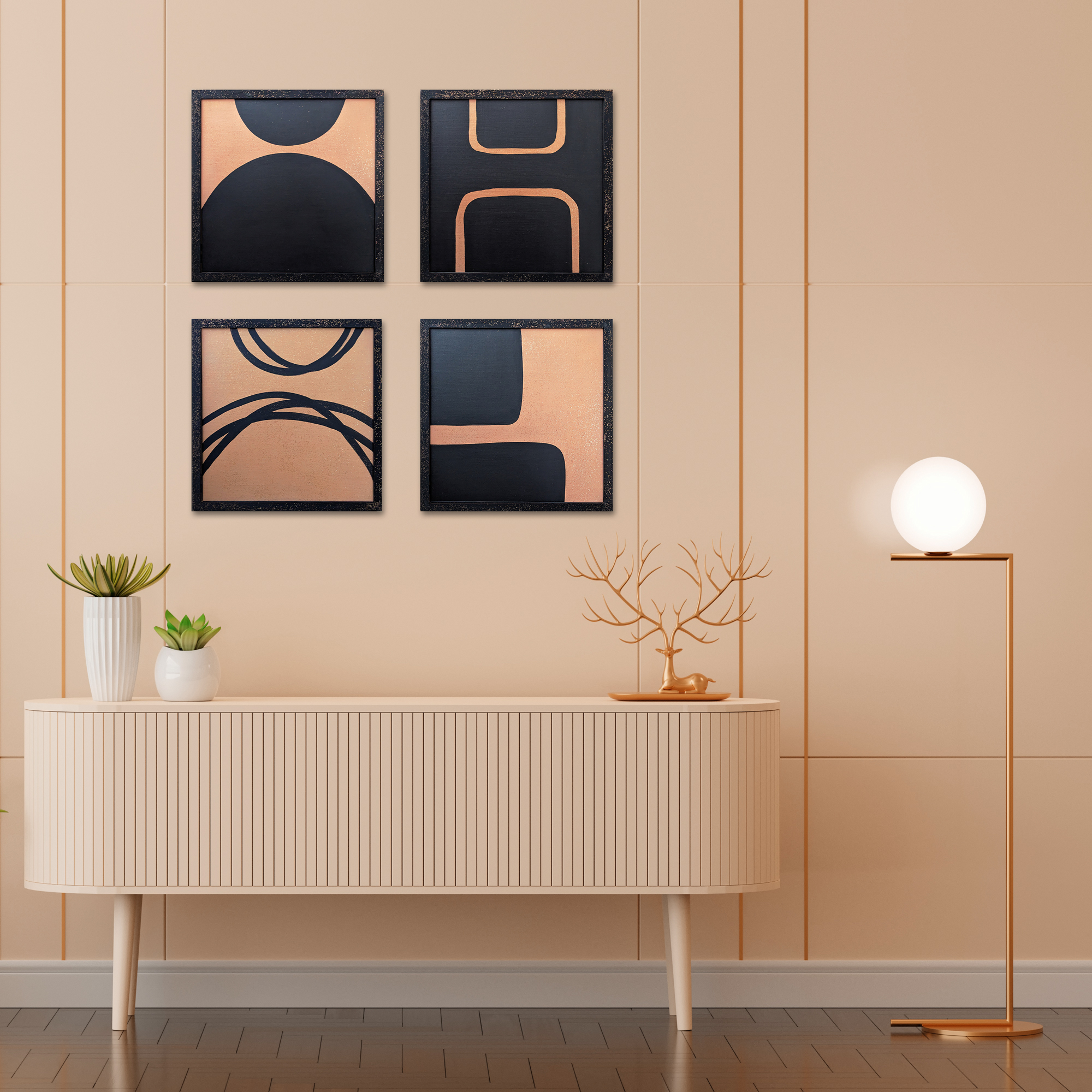 Tableaux rose poudré et doré  - Peintures murales abstraites minimalistes et modernes - Or Rose