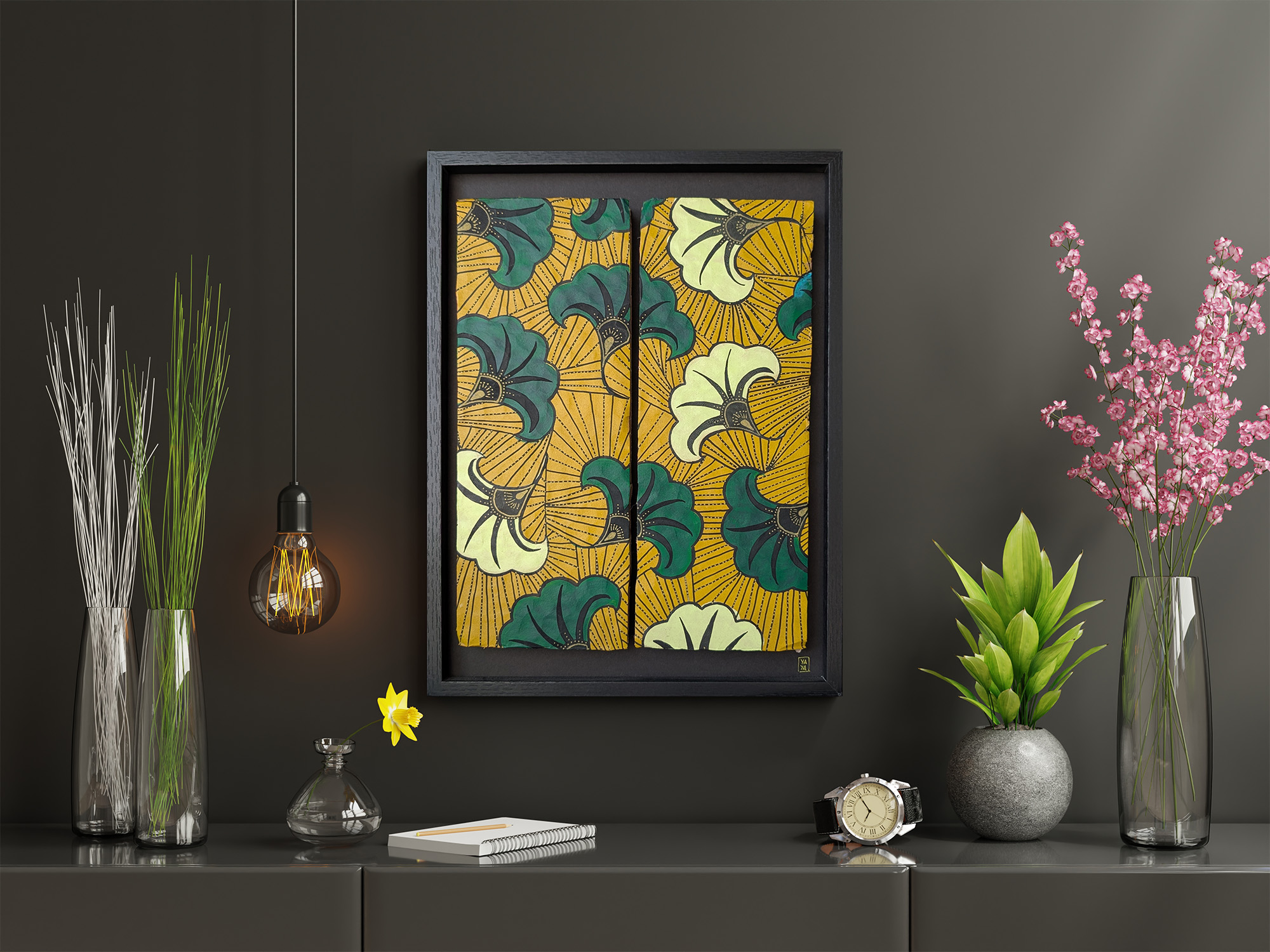 Tableau wax africain encadré – Œuvre contemporaine mix média