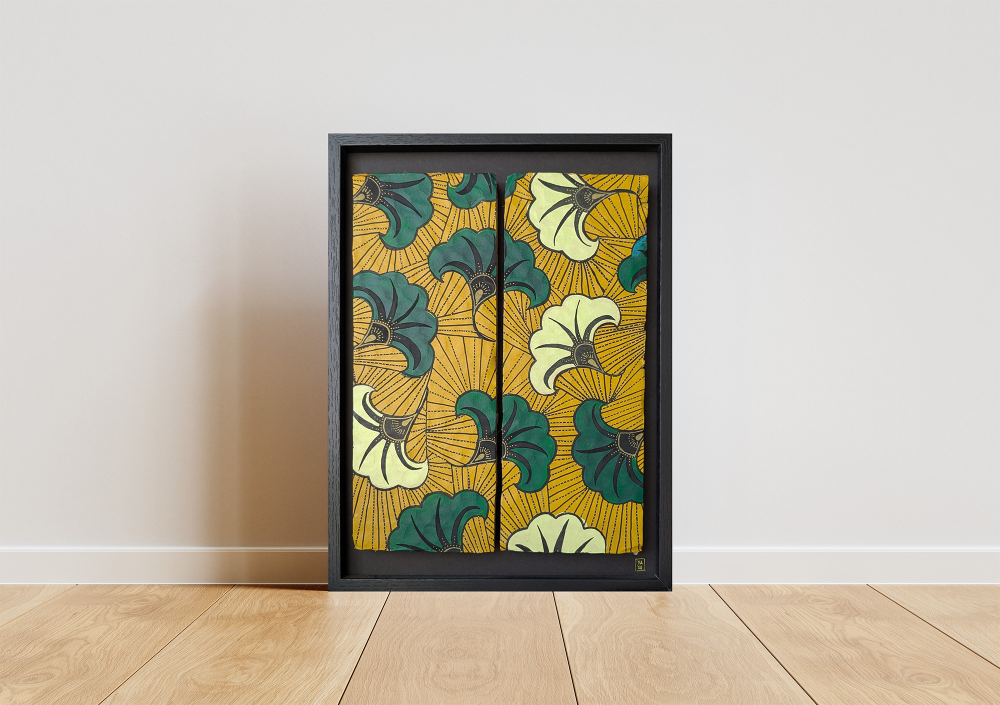 Tableau wax africain encadré – Œuvre contemporaine mix média