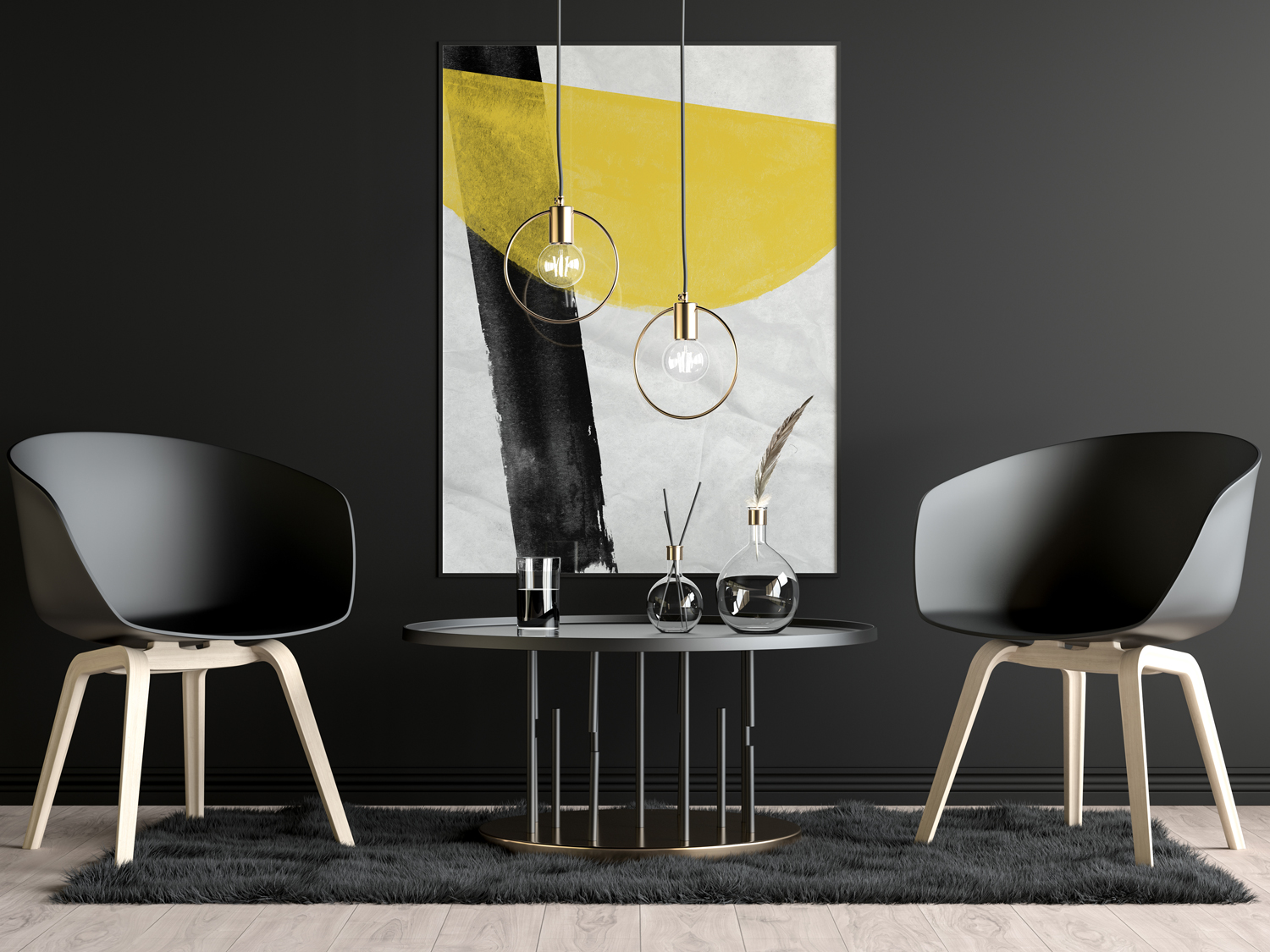 Poster-Decoration-Art-Mural_Contemporain_Minimaliste_Formes_NoirEtJaune_CoupDePinceau_cadre