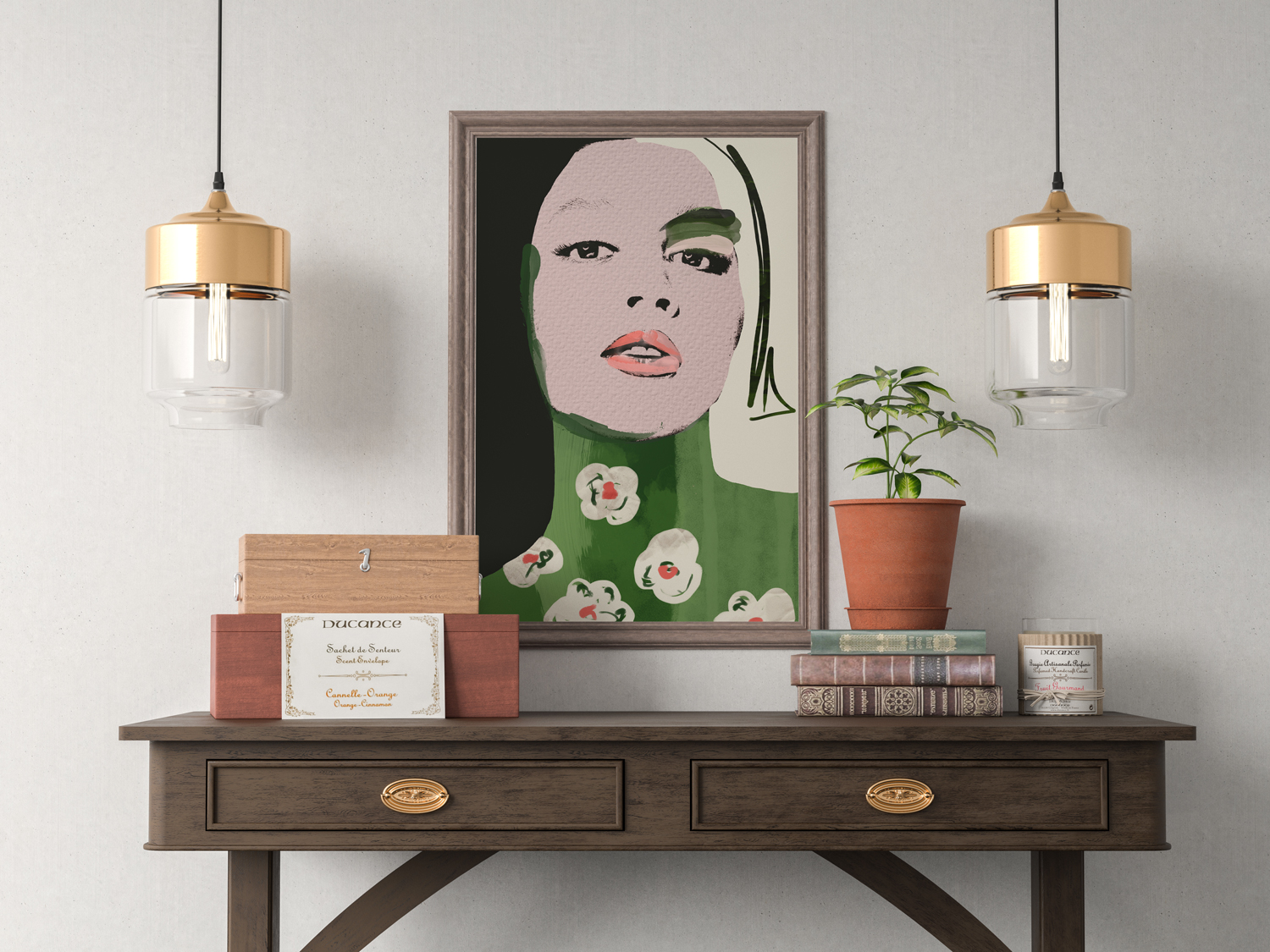 Poster-Decoration-Art-Mural_Peinture_Illustration_Portrait_Fleurs_Femme-PinkLady_cadre