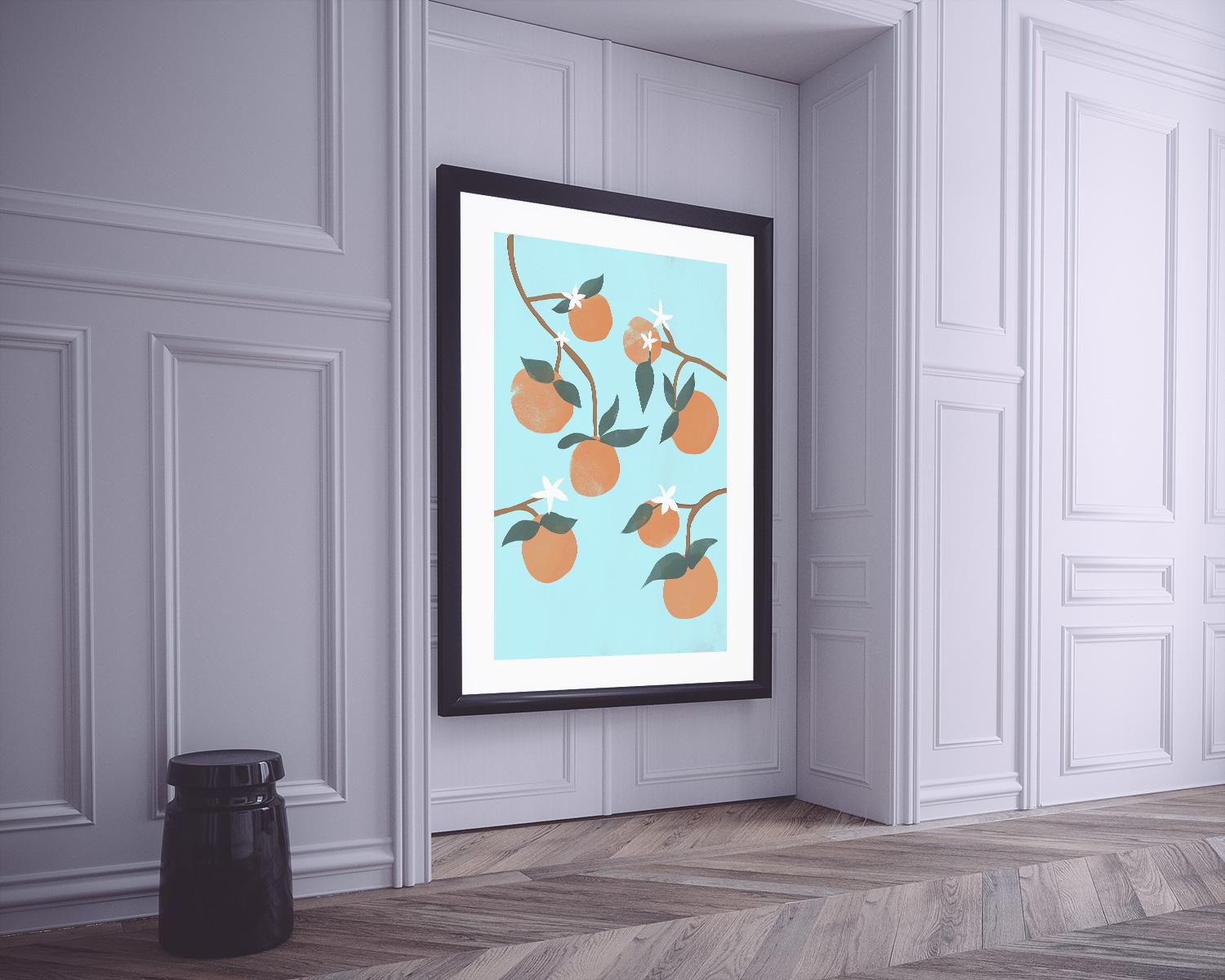 Poster-Decoration-Art-Mural_Nature_Bleu_Orangeraie_cadre2