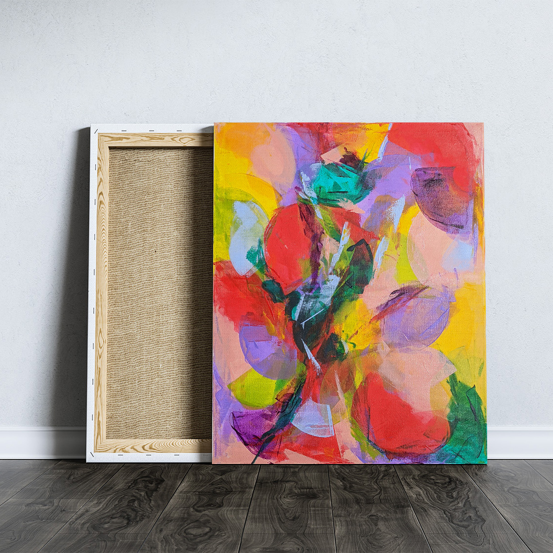 Tableau peinture fleurs abstraites colorées - Toile originale fait main 50x61cm
