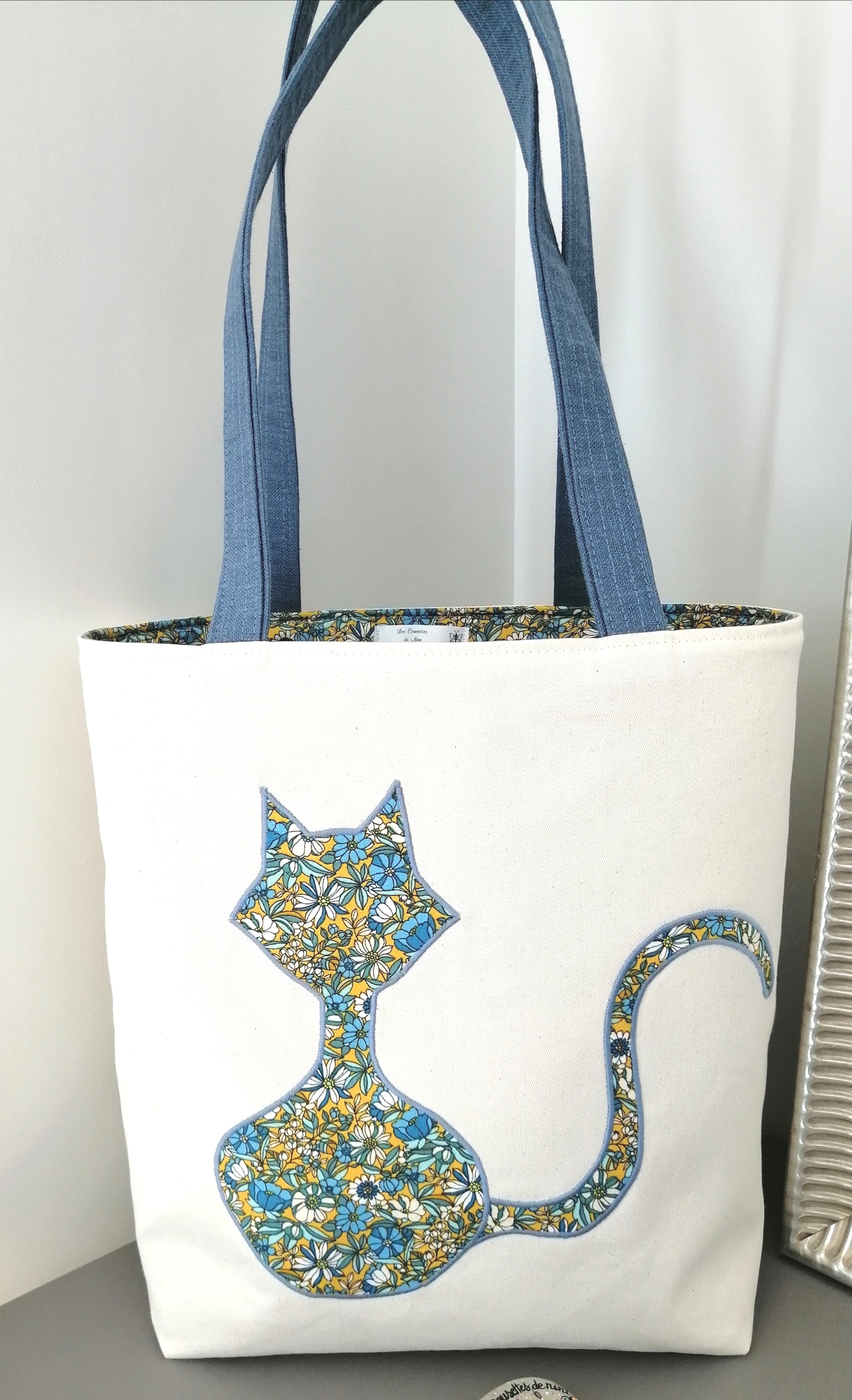 sac cabas chat fleuri bleu