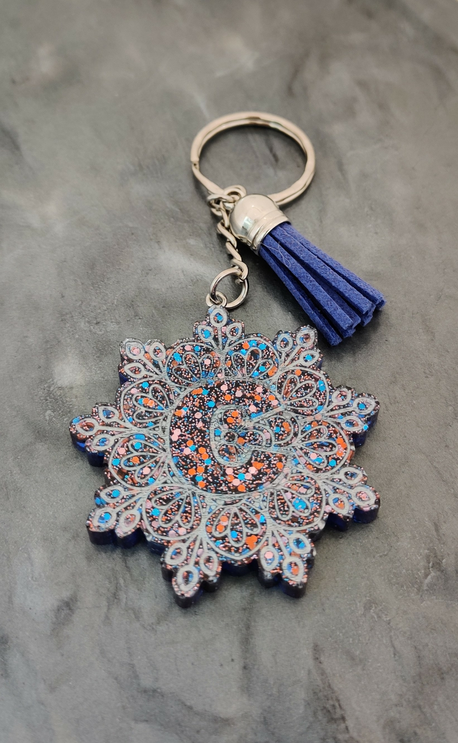 Porte cles silver mandala bleu