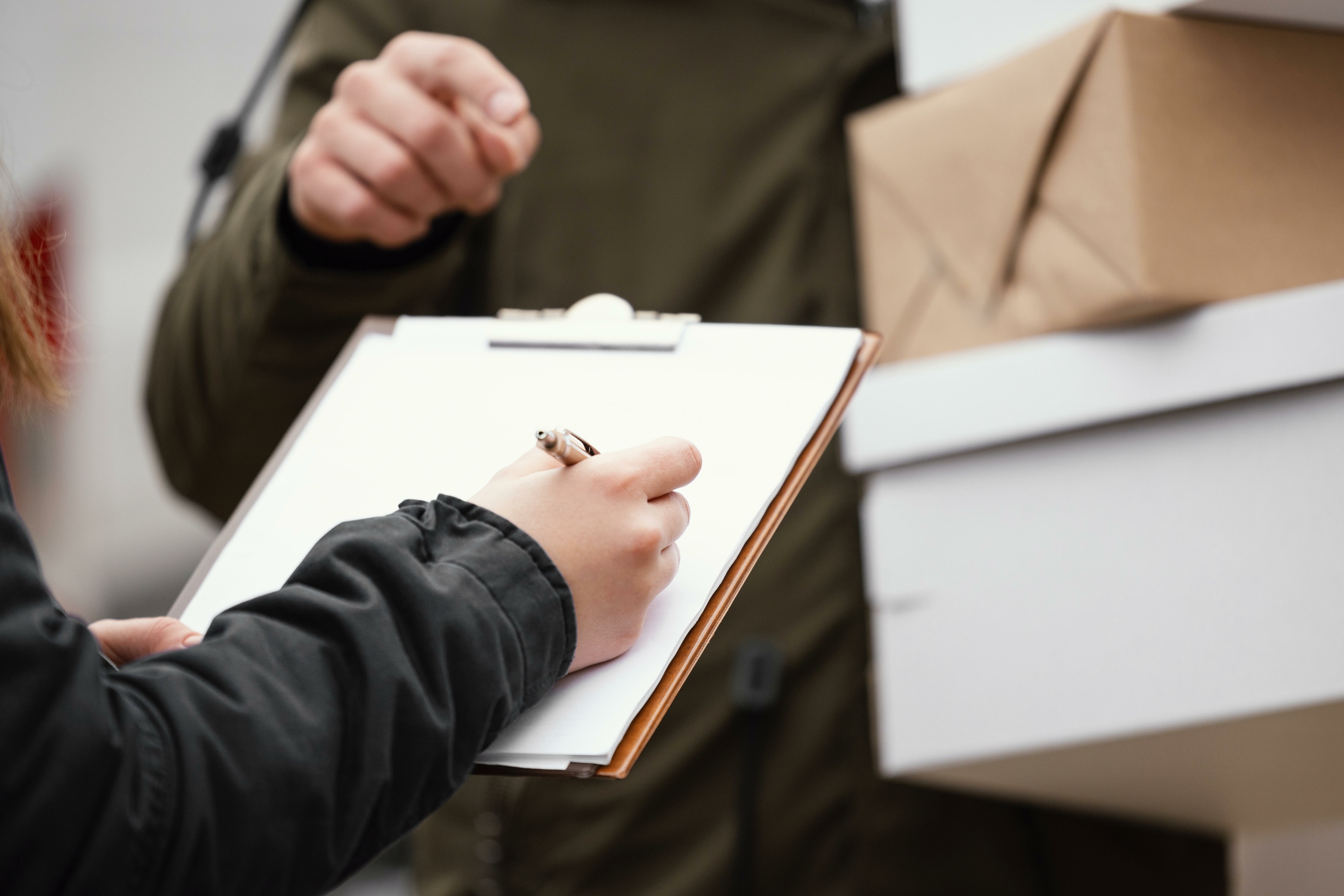 close up signing package delivery