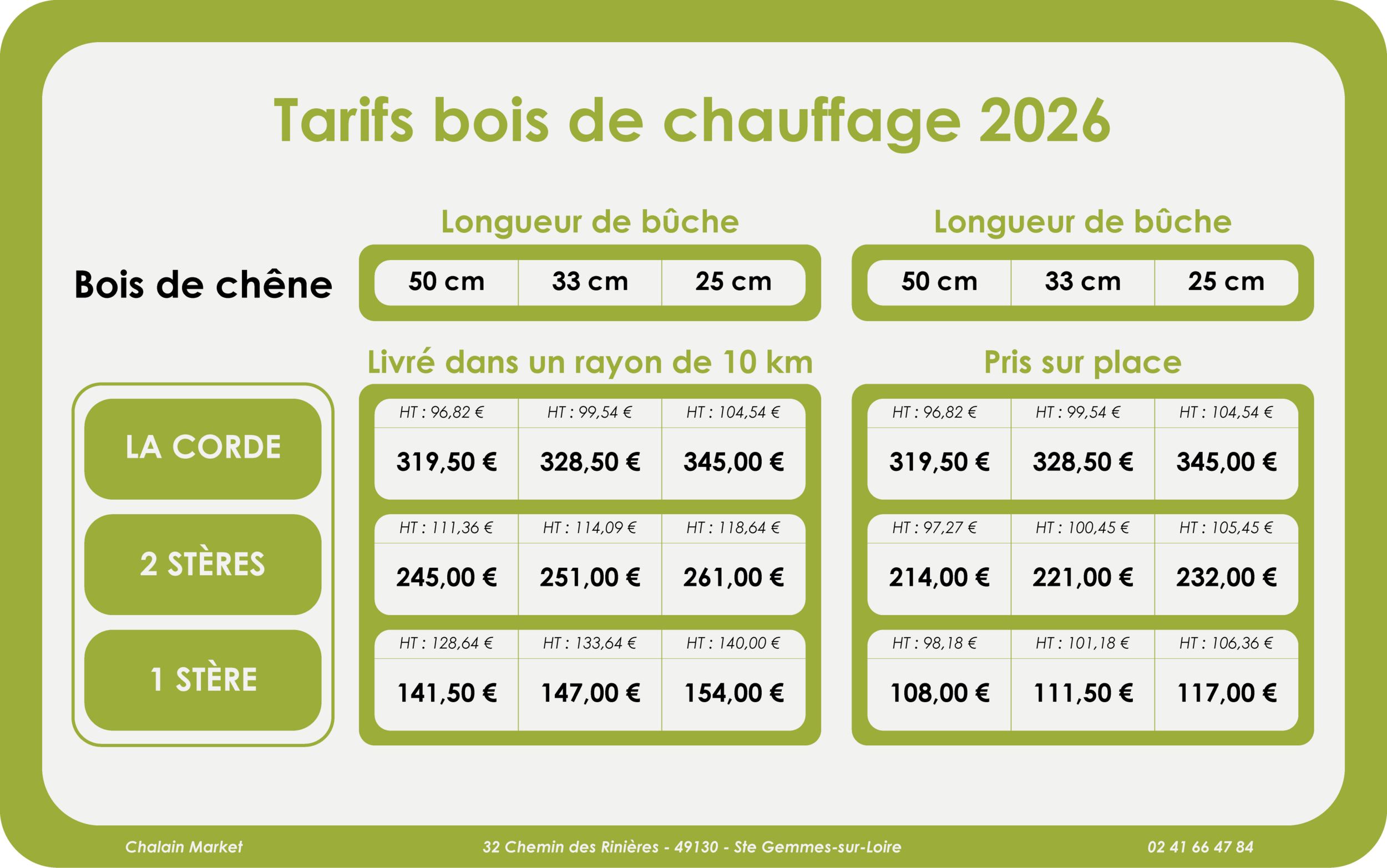 Tableau prix tarif bois de chauffage 2026