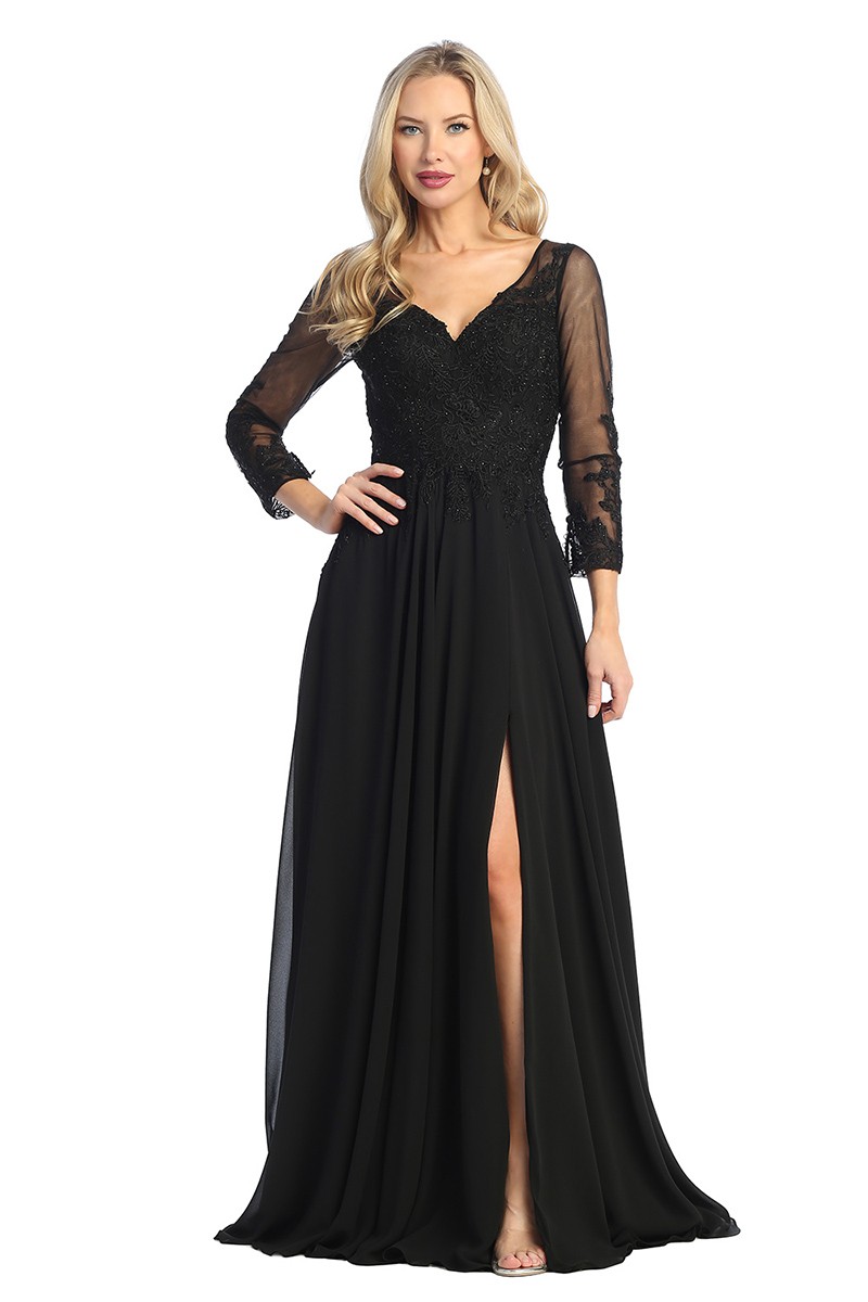 Robe longue sirène en mousseline de soie à encolure transparente