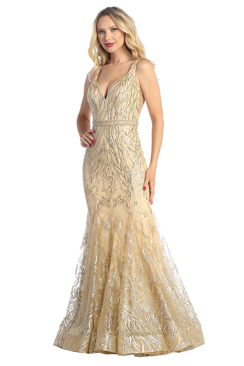 Robe longue sirène sans manches en tulle pailleté à décolleté en V