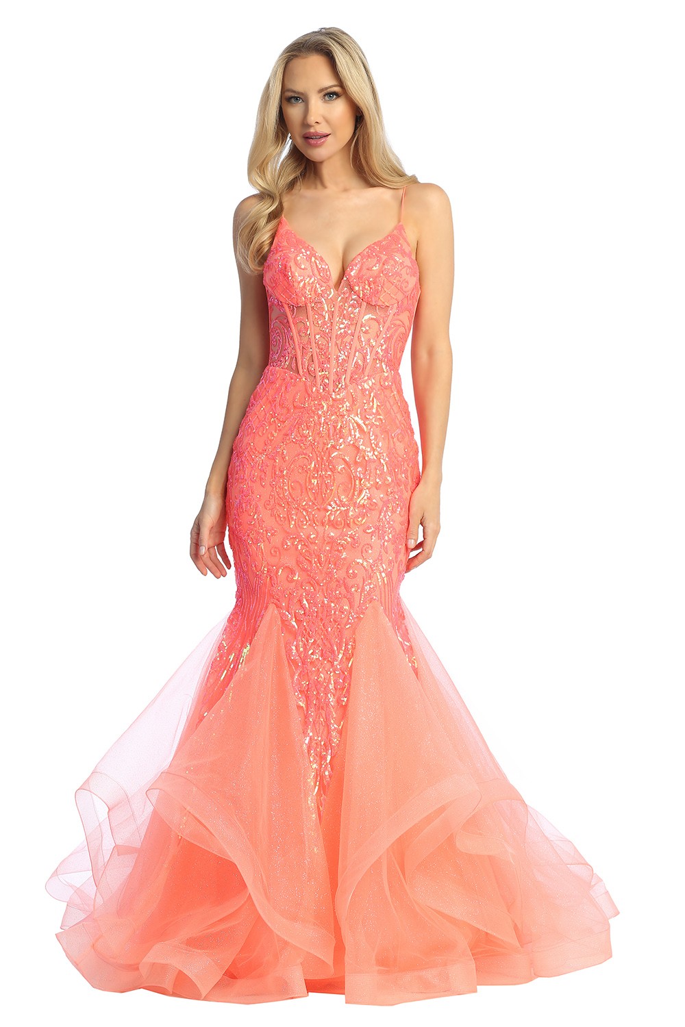 Robe longue trompette en tulle transparent à sequins pailletés et ourlet volanté