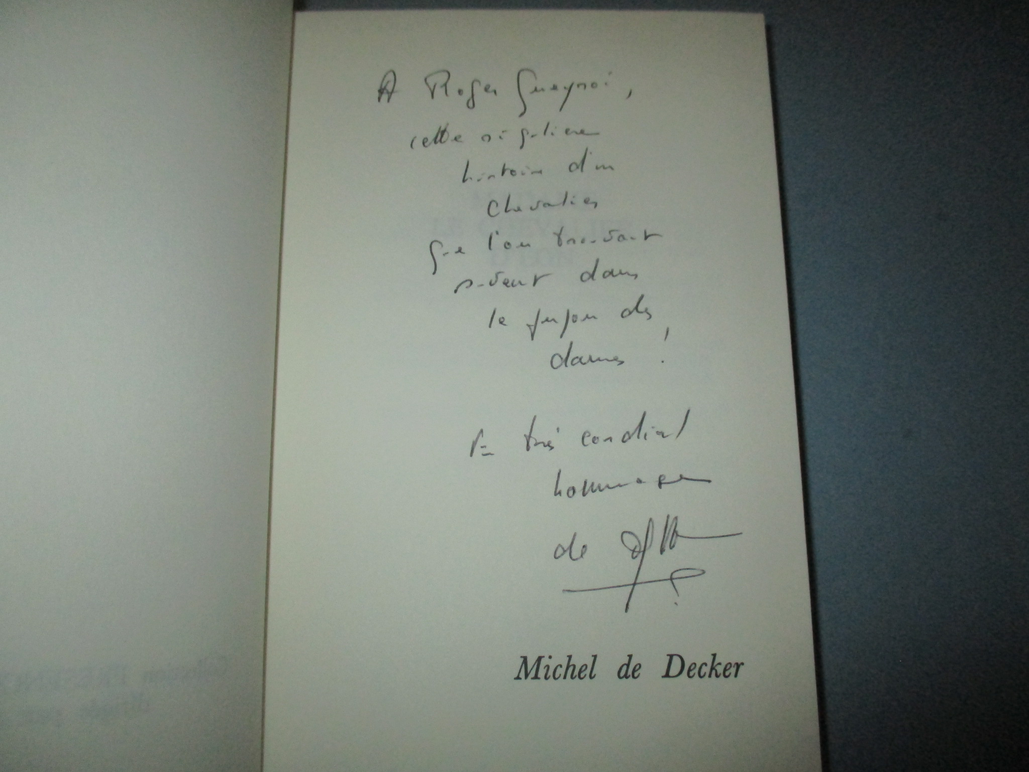 Dédicace de Michel de Decker sur Madame le Chevalier d\'Eon, Librairie Académique Perrin