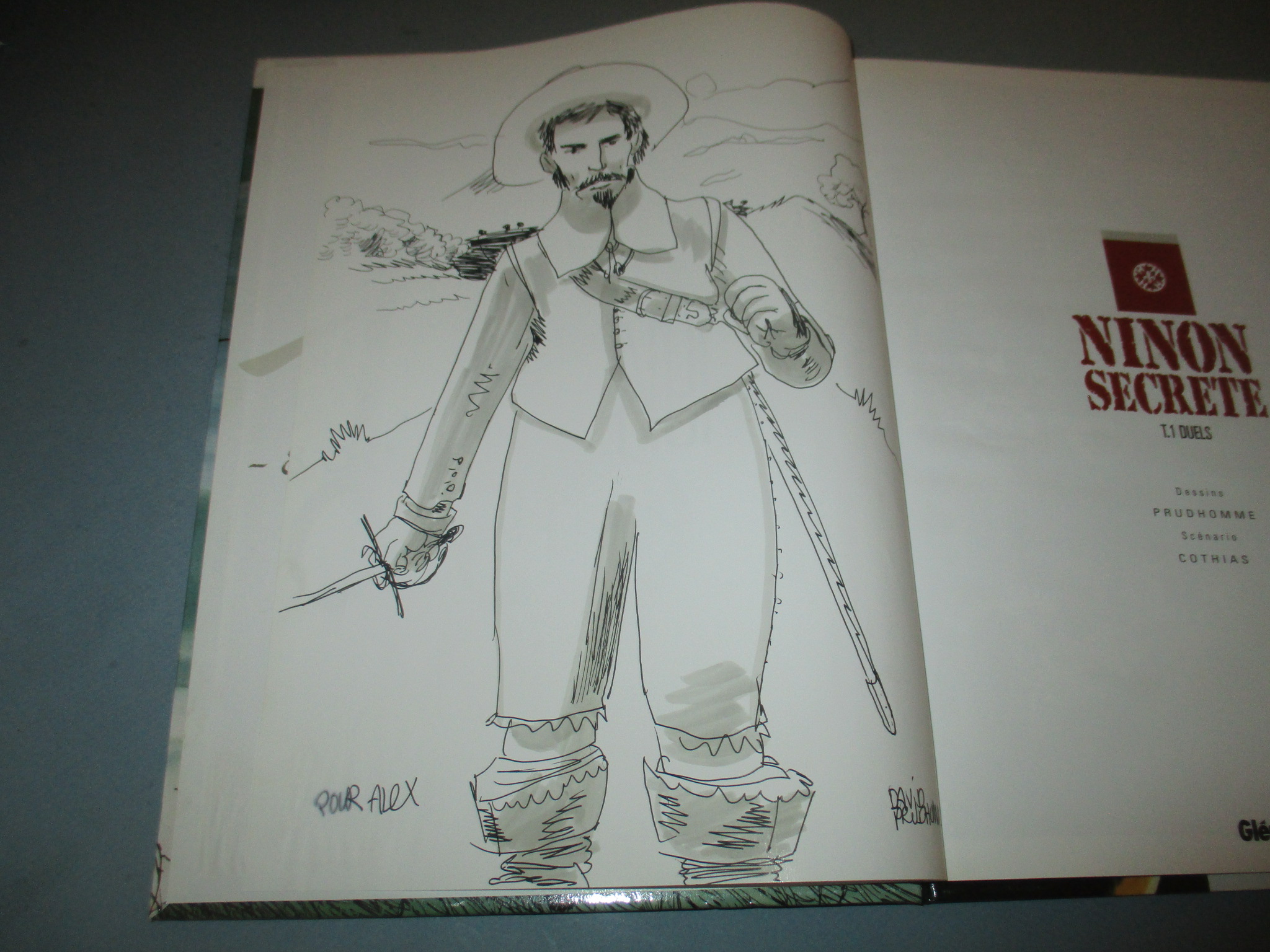 Dédicace et dessin original de David Prudhomme sur Ninon secrète 1 Duels, Cothias, Glénat