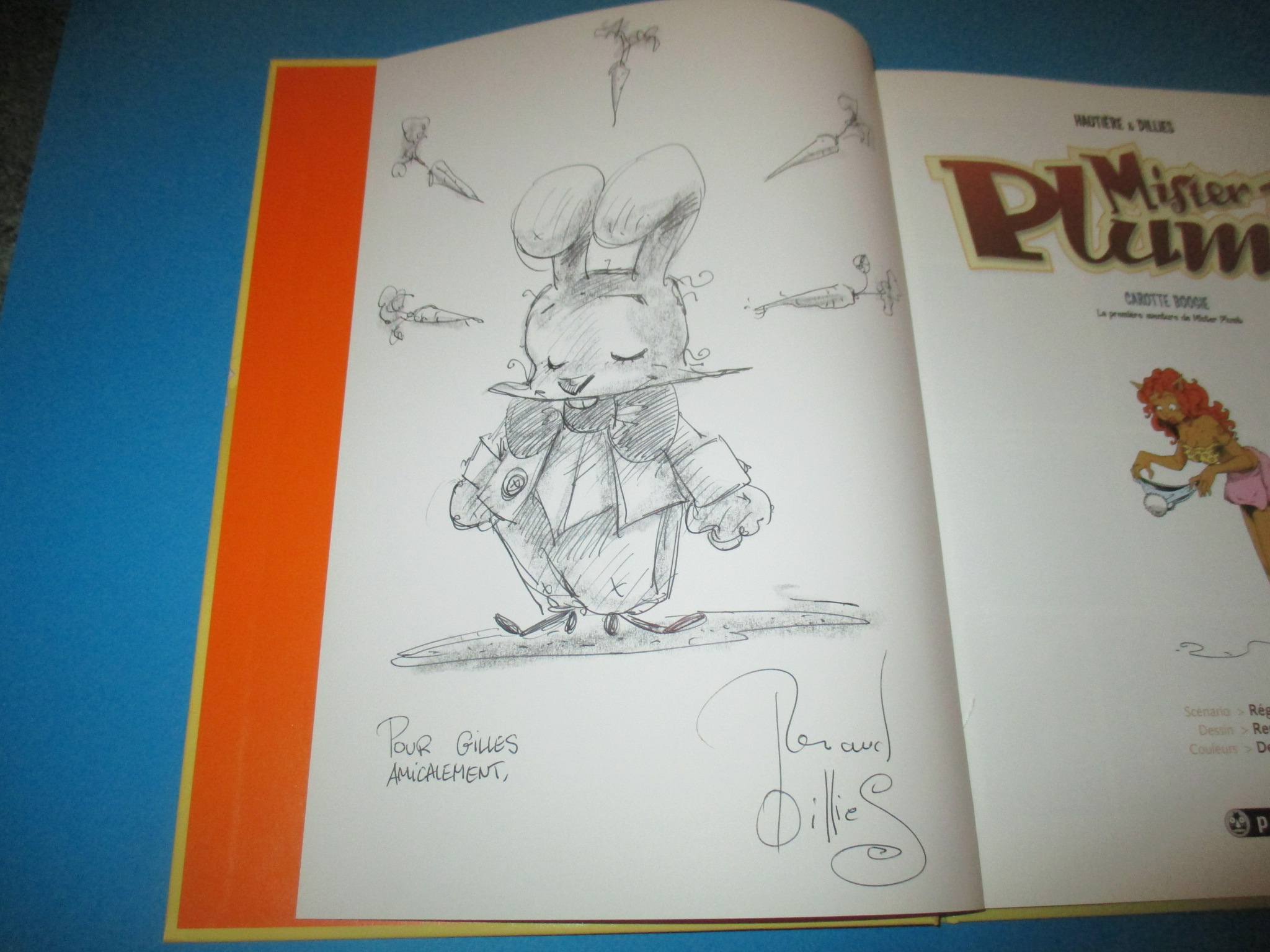 Dédicace et dessin original de Renaud Dillies sur BD Mister Plumb 1, Carotte Boogie, Hautière, EO Paquet