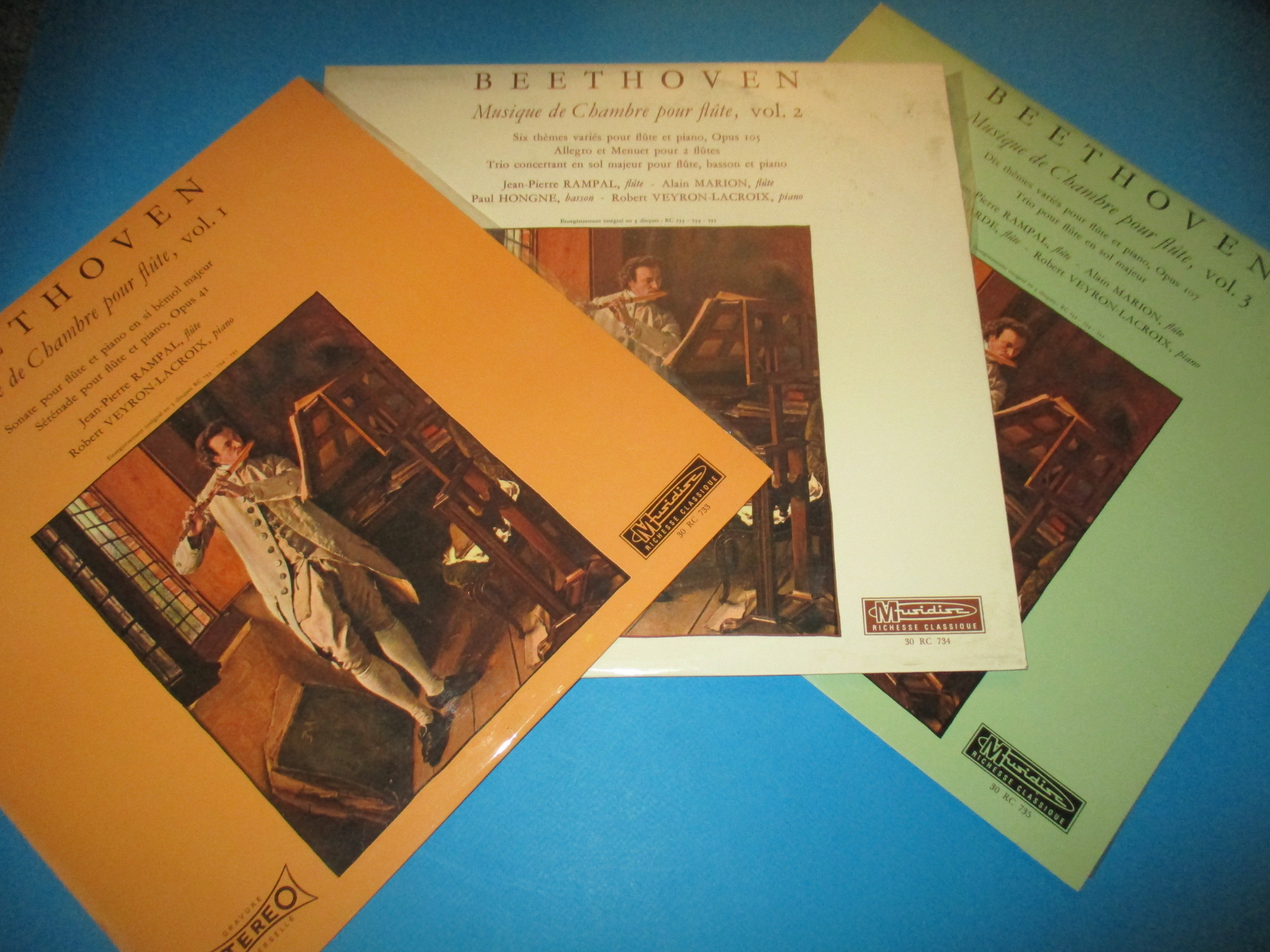 Lot 3 disques Beethoven, Musique de Chambre pour flûte, Jean-Pierre Rampal, Robert Veyron-Lacroix, 3 x 33 tours Musidisc