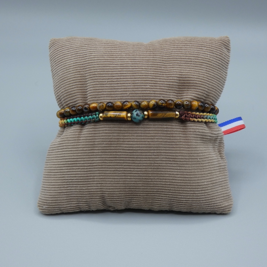 Bracelet Osiris double en pierre oeil de tigre et turquoise