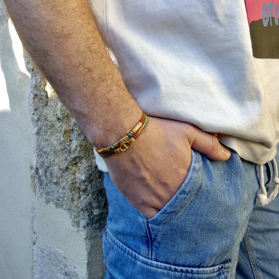 Bracelet-ethan-doré-homme-pierre-made in France-double rangs