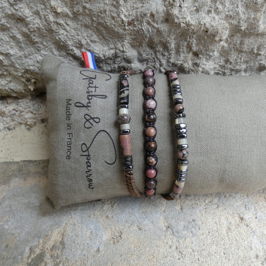 bracelet-homme-triple rhodonite-nacre-rose