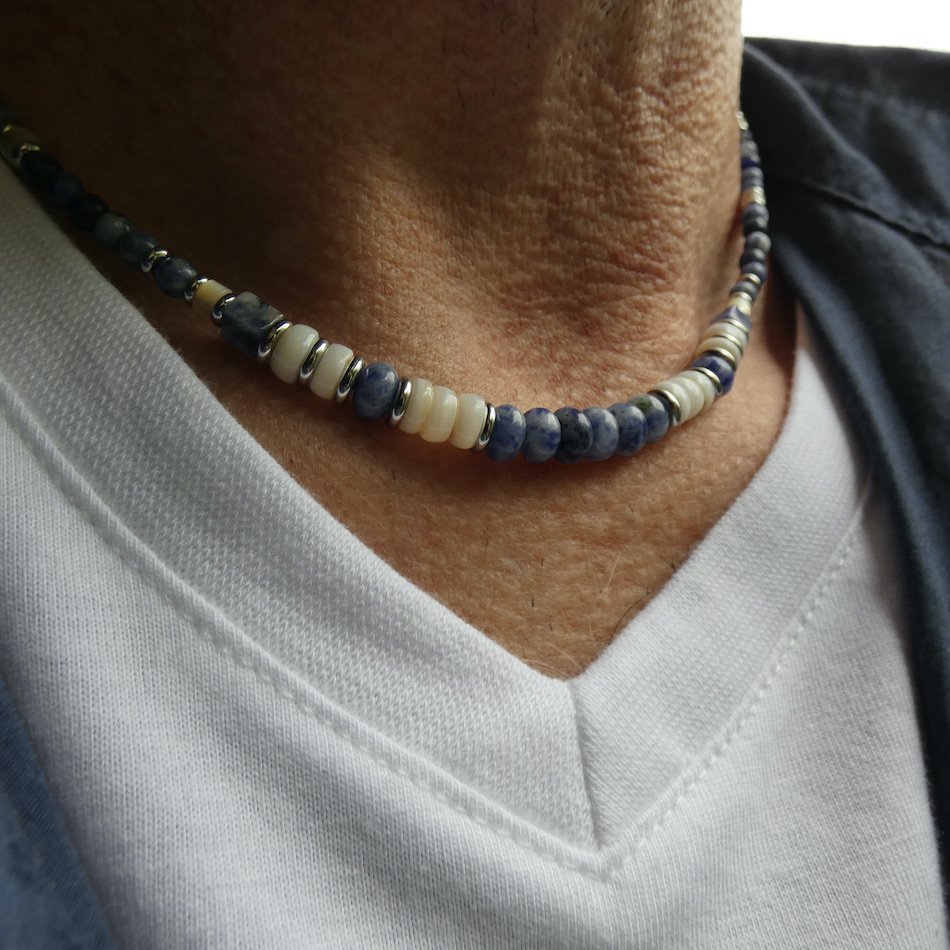 Collier-homme-pierre-oeil de tigre-nacre-surfeur-tour de cou