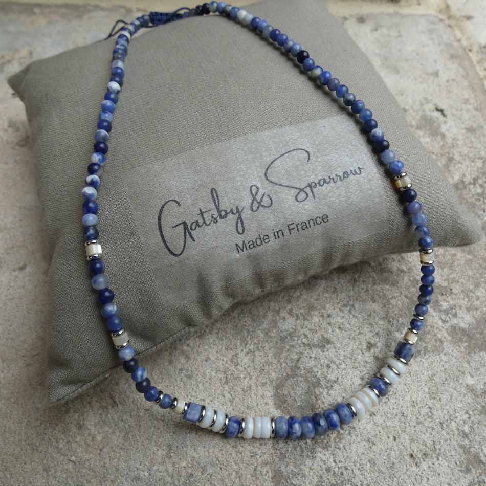 collier -homme-fin-perles 4mm-tendance -pierre -sodalite