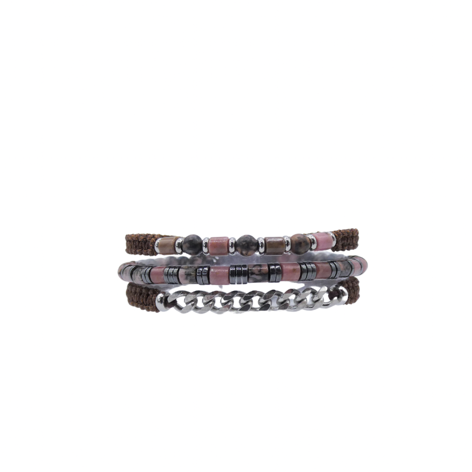 bracelet-triple-homme-pierre-naturelle-rhodonite-chaine-tendance-stacking-artisanat- france