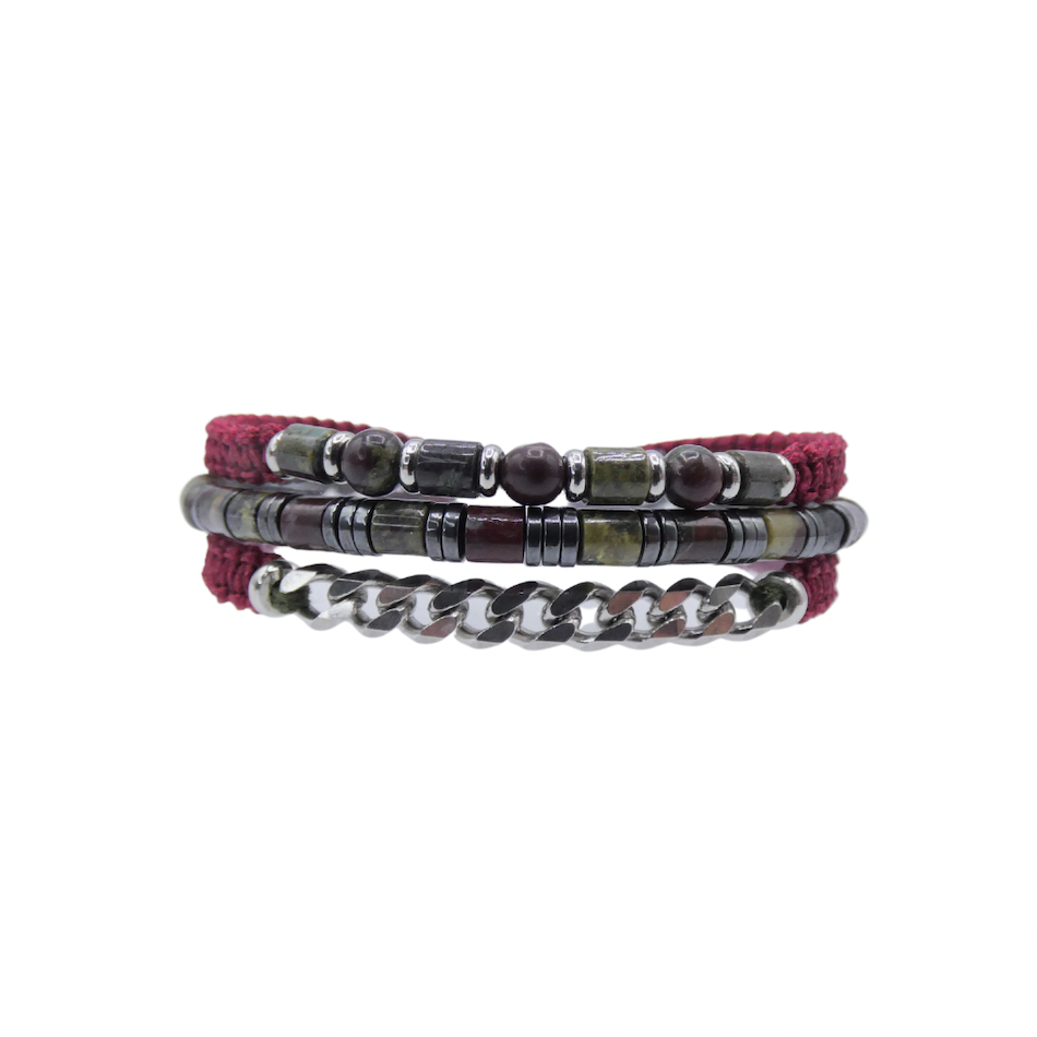 barcelet-triple-homme-pierre-naturelle-chaine-hématite-artisanat-france-kaki-bordeaux