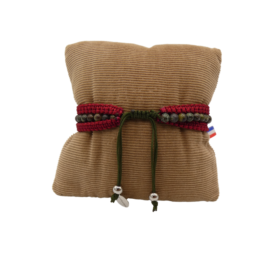 Bracelet-triple-homme-ajustable -kaki-bordeaux