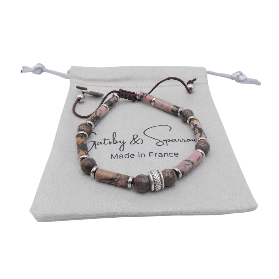 bracelet homme-pierre-rhodonite-rose-marron-