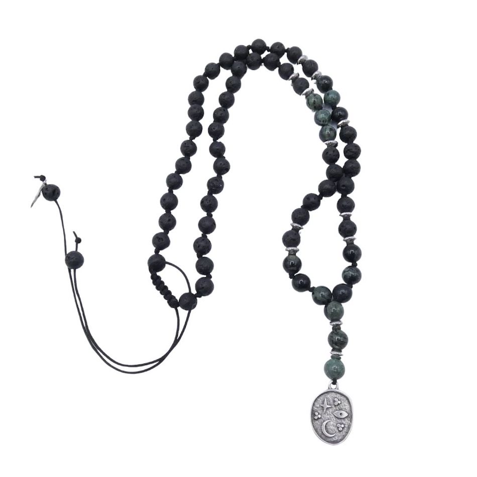 Collier-Merlin-mi-long-hommr-kaki-noir-pierre-naturelle-jaspe-lave-artisanat-français