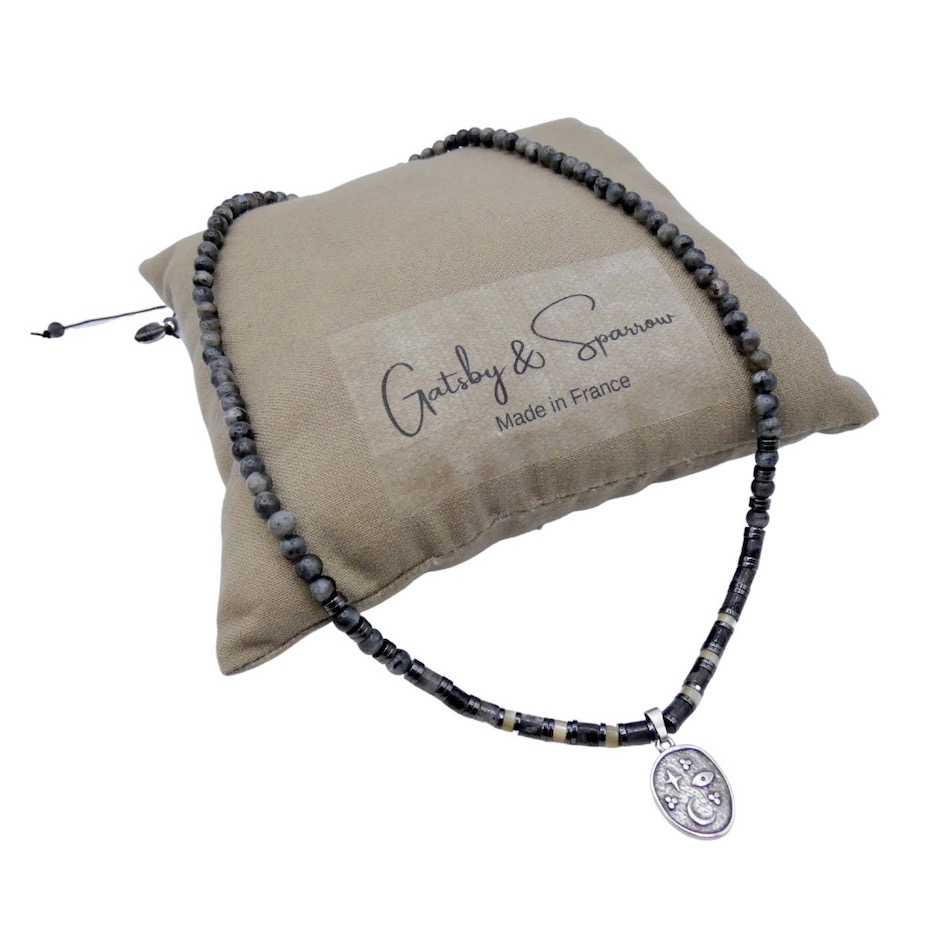 collier-tour-de-cou-surfeur-pierre-naturelle-heishi-Lrvikite-nacre-hématite